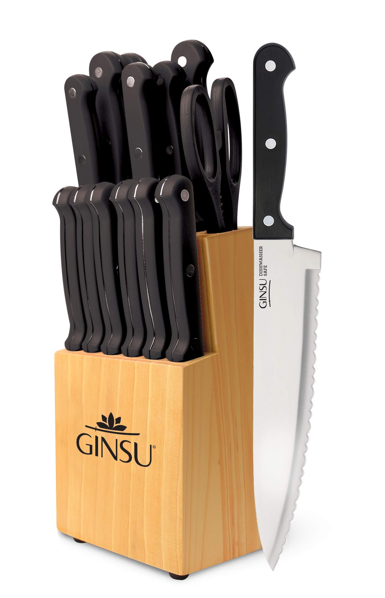 Ginsu Kiso 14-Piece Black Knife Set with Natural Block - Dishwasher Safe and Always Sharp