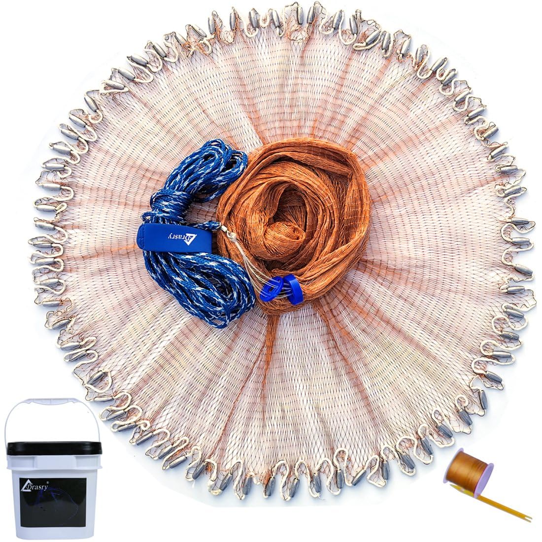 Drasry 1/2 Saltwater Fishing Cast Net for Bait Trap with Heavy Lead Sinkers Fish Throw Net. Size 3ft/4ft/5ft/6ft/7ft/8ft/9ft Radius Freshwater Nets(Tire Lines Cast Net, 8FT(240cm) Radius)
