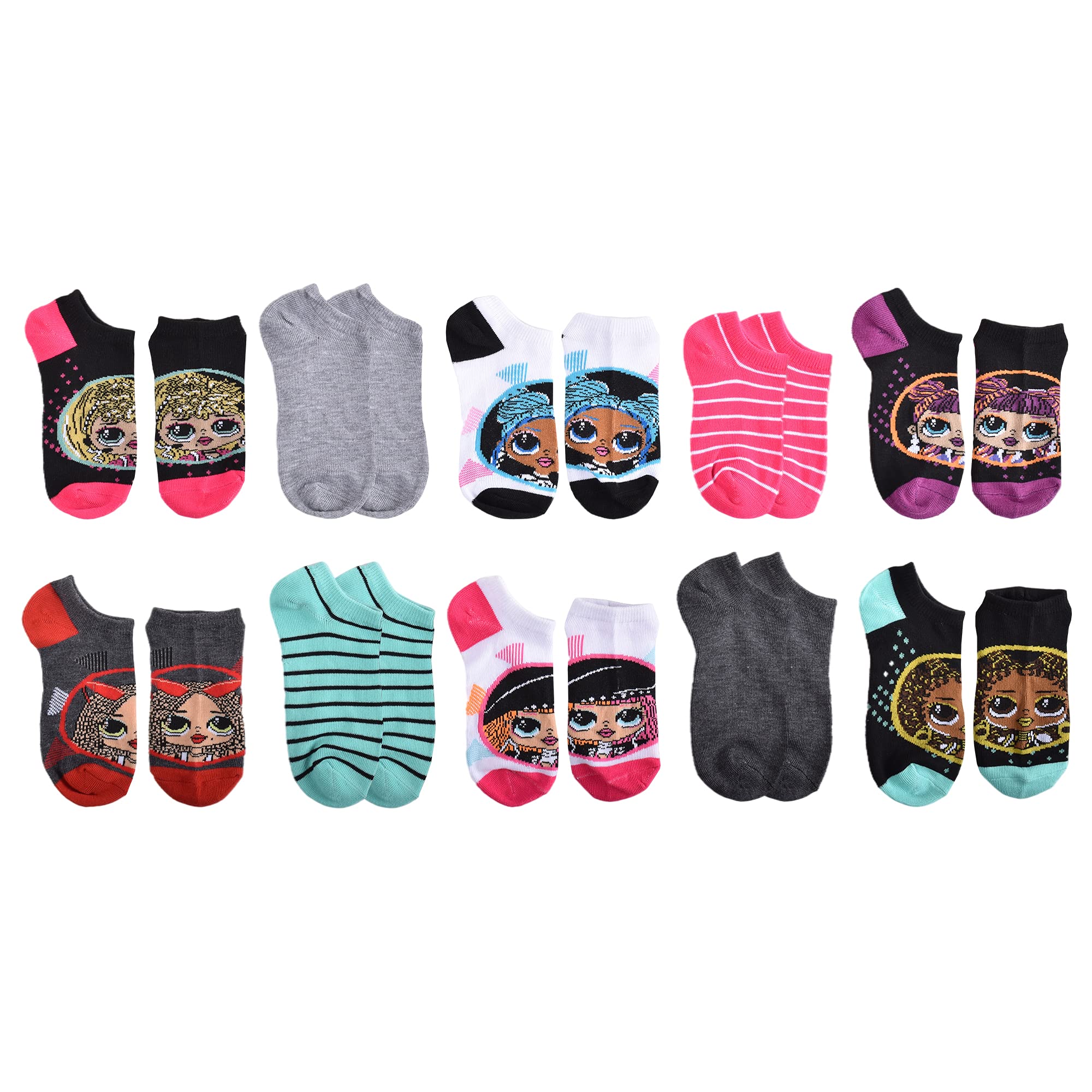 L.O.L. Surprise! Girls' OMG Dolls No Show Socks, White (10 Pack), Small