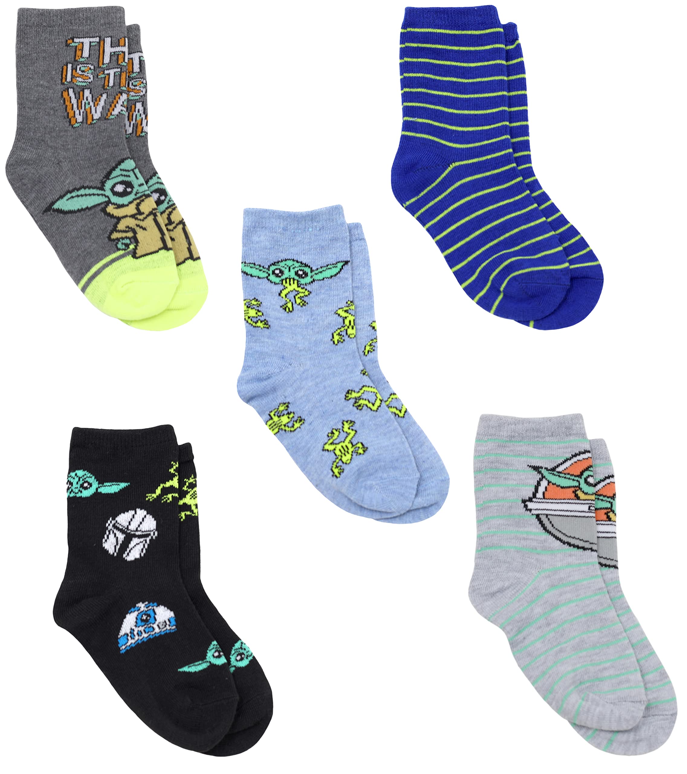 STAR WARS The Mandalorian Baby Yoda Novelty Crew Socks for Boys Multi Pack of 5, Grey, Medium